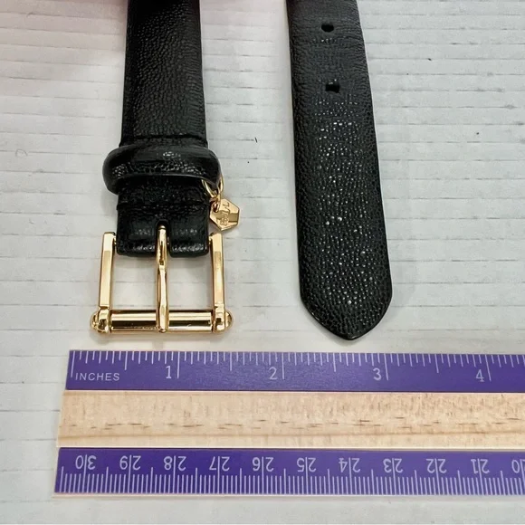 Ralph Lauren Classic Chic Black Leather Textured Belt Women’s M Gold Logo Charm - Picture 7 of 10